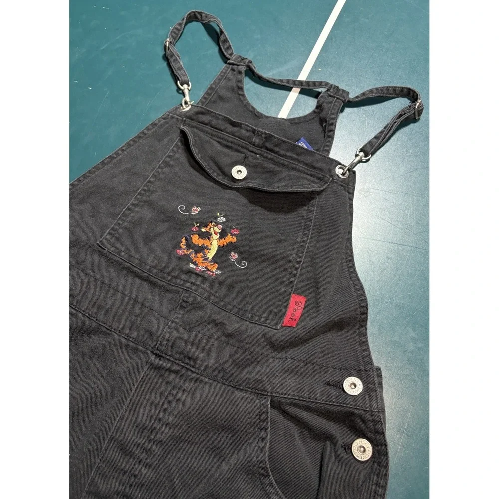 Vintage Disney Tigger Shortalls Overalls Youth Large Denim Bib Black Embroidered